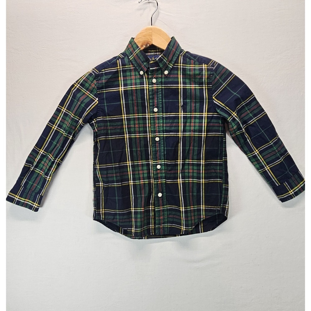 Ralph Lauren Boys Plaid Button Down Long Sleeve Shirt‎ Size 5 Green Blue Preppy